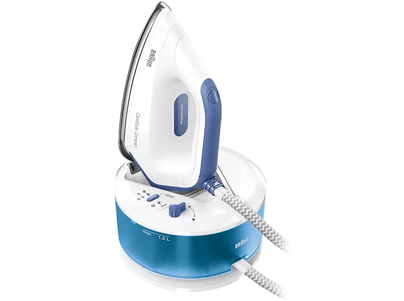 Centro de planchado - Braun CareStyle Compact IS2143BL, 2400 W, 1.3 l, 5.5 bar, FreeGlide 3D, Golpe vapor 300 g/min, Blanco/Azul