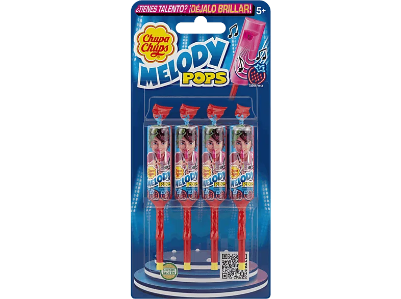 Caramelos - Chupa Chups Melody Pops, Duros con palo, Fresa, 4 unidades, 60g