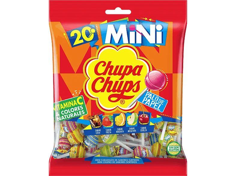 Caramelos - Chupa Chups Mini, Con palo, Sin Gluten, Sabores variados, 20 unidades, 120g