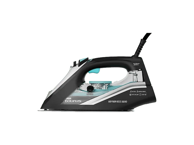 Plancha de vapor - Taurus Geyser Eco 3200, Sistema antigoteo, Autolimpieza y Autoapagado, Rápido calentamiento, 3200W, Suela anodizada, Azul