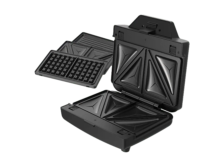 Sandwichera - Taurus Miami Legend Ver II, 3 placas desmontables e intercambiables: sándwich, grill y gofre, Antiadherente, 900 W, Plateado (imagen 1 de 3)