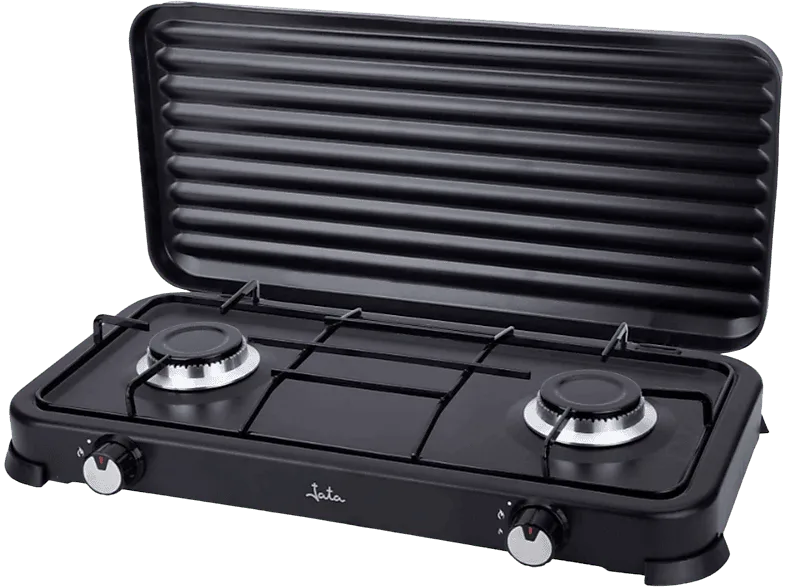 Cocina de gas - Jata JECG2702, 2 zonas, Para gases licuados propano y butano, Portátil, Tapa, 59.5 cm, Negro
