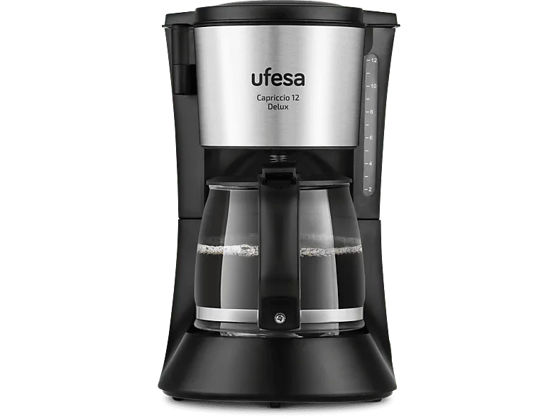 Cafetera de goteo - Ufesa CG7125 Capriccio 12 Delux, 680 W, 1.2 l, Tazas, Desconexión automática, Negro/Inox