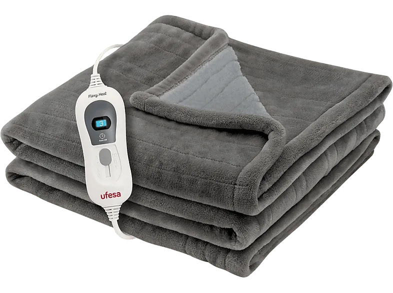 Manta eléctrica - Ufesa Softy Fleece, 120 W, 3 Niveles de temperatura, Auto apagado a las h, Gris