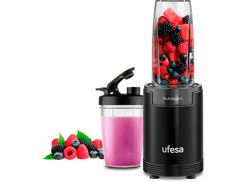 Batidora de vaso - Ufesa BS2500 Nutriboom, 900 W, Vasos 0.8 y 0.5 l, 6 Accesorios, Negro (imagen 1 de 3)