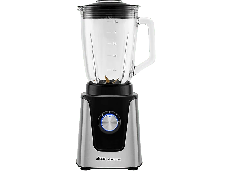 Batidora de vaso - Ufesa Moonstone, 1500 W, 1.5 l, 2 Velocidades+Turbo, Bloqueo seguridad, 6 cuchillas, Plata y Negro