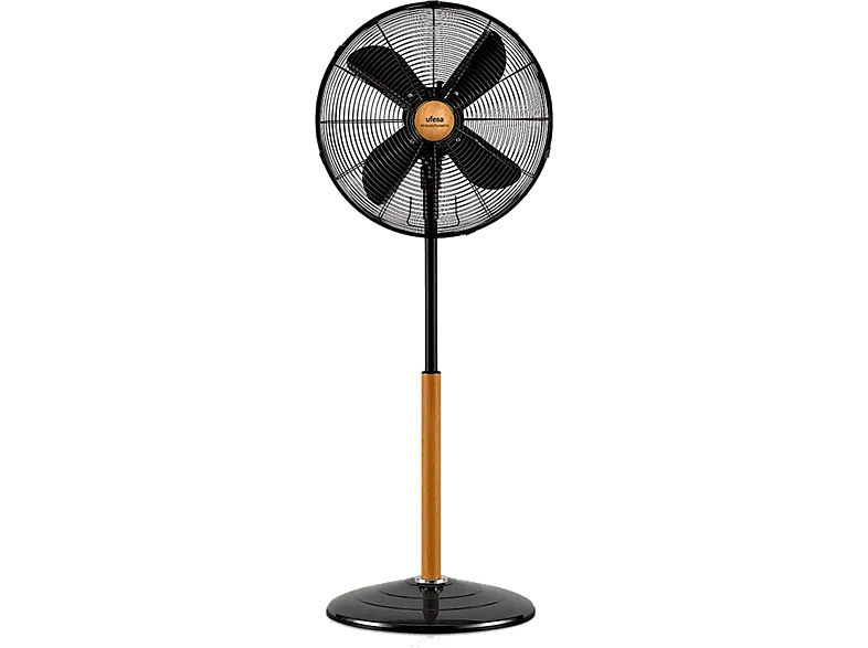Ventilador de pie - Ufesa Masachusets, 50 W, 3 Velocidades, Altura ajustable hasta 125 cm, Negro y Haya