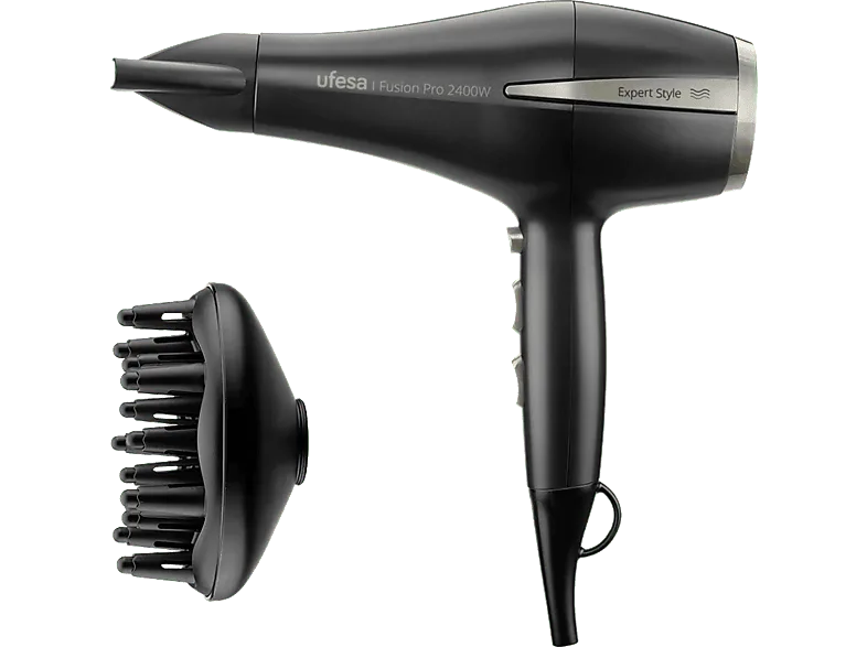 Secador - Ufesa Fusion Pro, 2400 W, 3 velocidades, 2 niveles de temperatura, Difusor incluido, Negro
