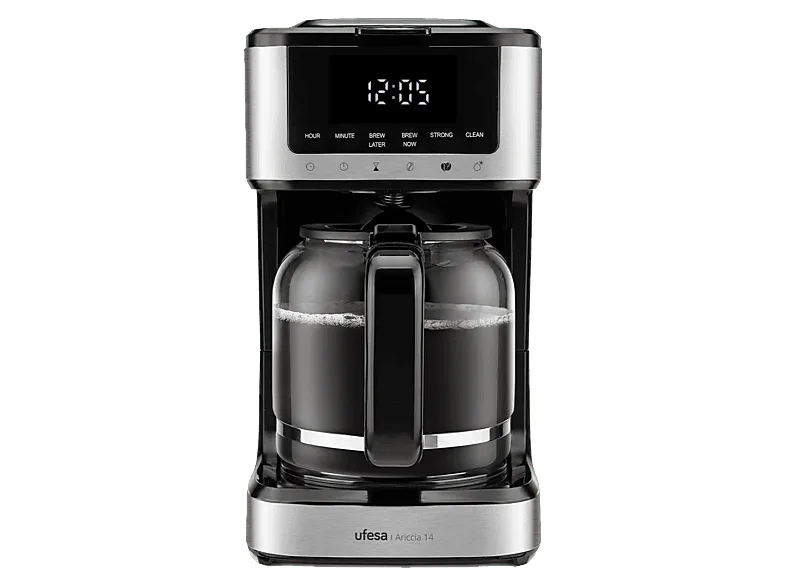 Cafetera de goteo - Ufesa Ariccia 14, 900 W, 1.8 l, 14 tazas, Negro y Plata