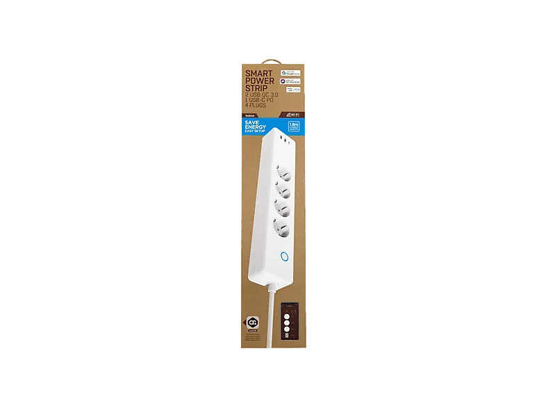 Regleta inteligente - Muvit IO MIOSTR002, 4 tomas, 3 USB, Compatible Google Home y Alexa, Wi-Fi, Blanco