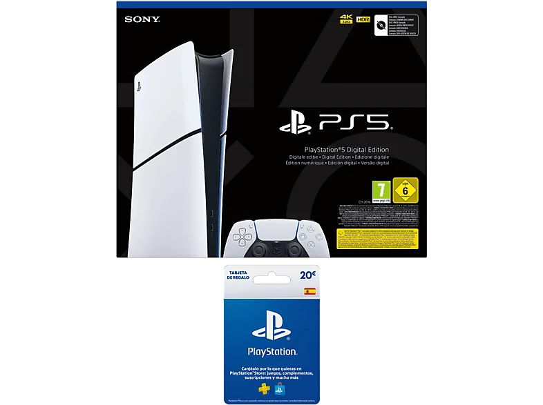 Consola - Sony PS5 Slim Digital Edition, 825 GB SSD, 4K, Chasis D, Blanco + Tarjeta PS Plus 20€