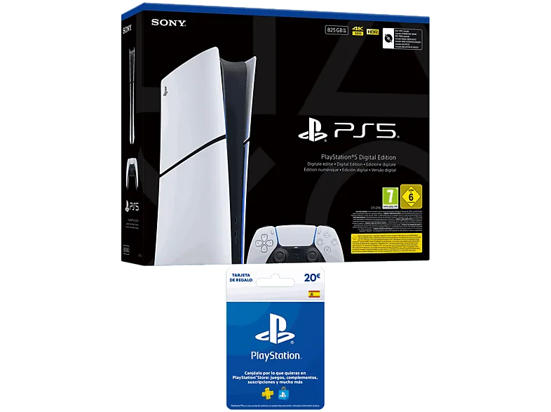 Consola - Sony PS5 Slim Digital Edition, 825 GB SSD, 4K, Chasis E, Blanco + Tarjeta PS Plus 20€