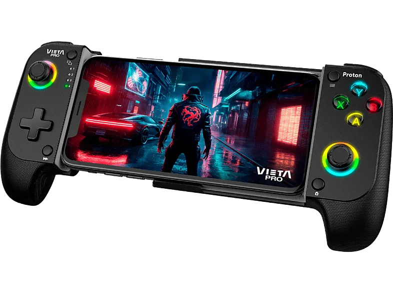 Gamepad - Vieta Pro Proton, Bluetooth, Inalámbrico, Ajustable hasta 18 cm, Función Turbo, Dual Vibration, Baja latencia, 8h autonomía, Negro
