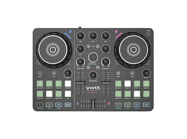 Mezcladora DJ - Vieta Pro Vega, 2 Canales, USB-C y Minijack 3.5mm, Tarjeta de Sonido Integrada, Negro