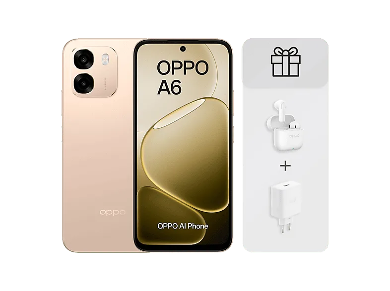Móvil - OPPO Bundle A6 4G, Aurora Gold, 256 GB, 6 GB RAM, 6.75" LCD, Qualcomm Snapdragon®685 (6nm), 6.500mAh, Incluye Cargador 45W y Auriculares
