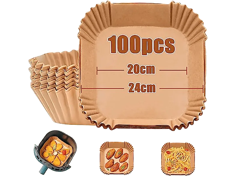 Accesorio freidora - KOENIC Papel Airfryer, Cuadrado, 20 cm, 100 % natural, piezas, Marrón