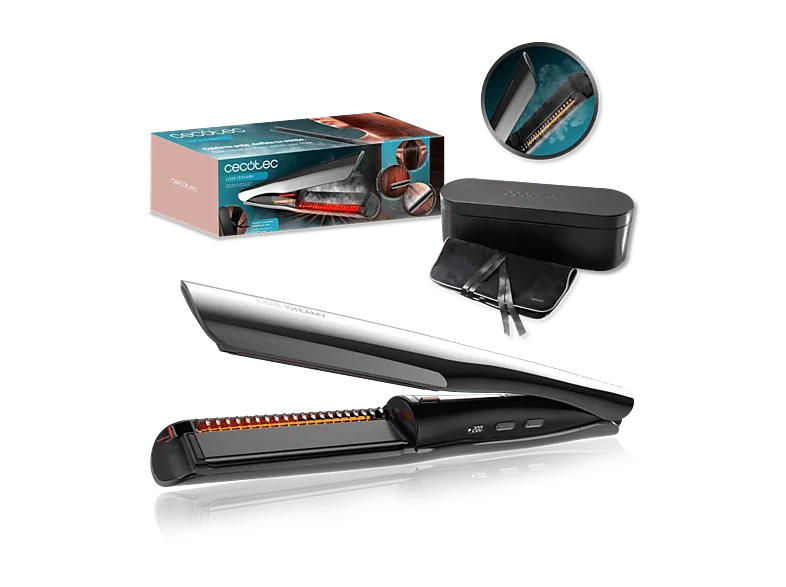 Plancha de pelo - Cecotec Lisse iSteamy, Alisado sin daños, Revestimiento Cerámico con Queratina, Temperatura Regulable,Estuche Lujo, Negro