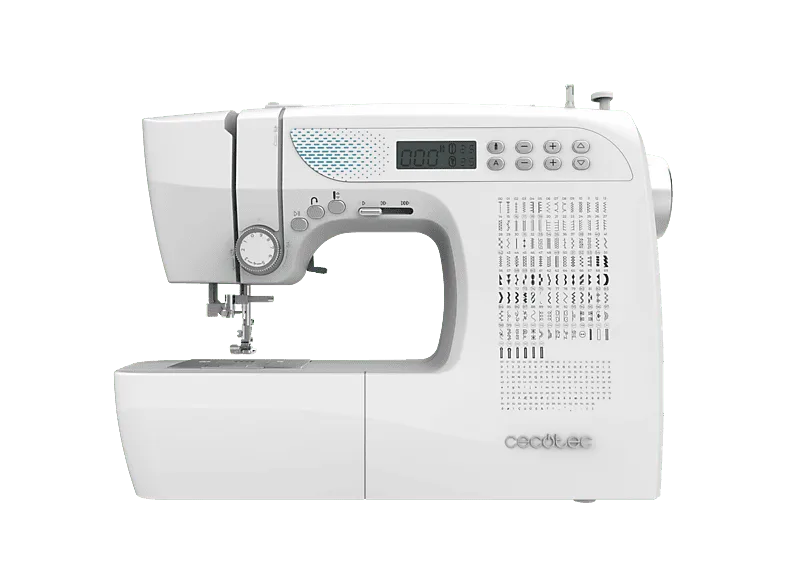 Máquina de coser - Cecotec BelleCouture 21500, 215 puntadas, Motor digital, Pantalla LCD, Enhebrado automático, Kit accesorios, Blanco