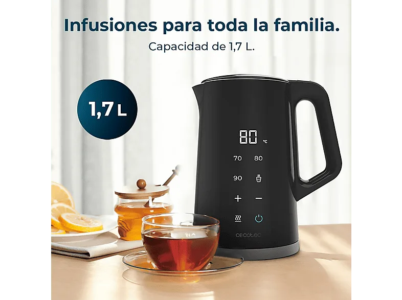 Hervidor de agua - Cecotec Thermosense 800 Neo, 2200 W, Capacidad 1,7 L, Pantalla digital táctil, 40-100°C, Función Keep Warm, Negro