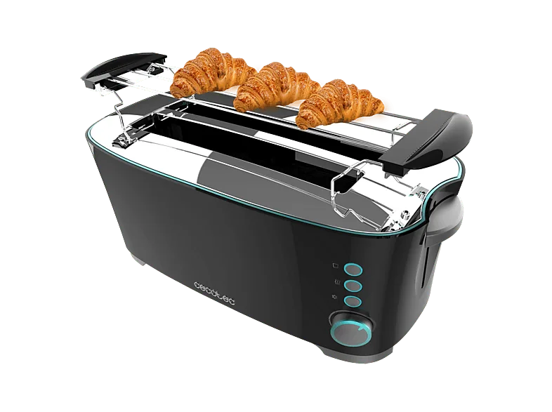 Tostadora - Cecotec Toast&Taste Extra Double B, 1350 W, Doble ranura larga, 4 tostadas, Ranura ancha, 7 niveles, Soporte para bollería, Negro