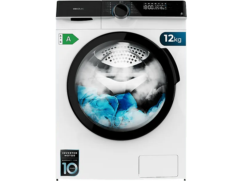 Lavadora carga frontal - Cecotec Bolero DressCode 121000 A, 12 kg, 1400 rpm, Motor Inverter Plus, Lavado con vapor, White