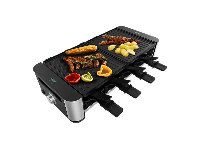 Raclette - Cecotec Cheese&Grill 16000 Inox Black, 1400 W, 8 personas, Superficie 40x22 cm, Grill y plancha, sartenes espátulas, Negro