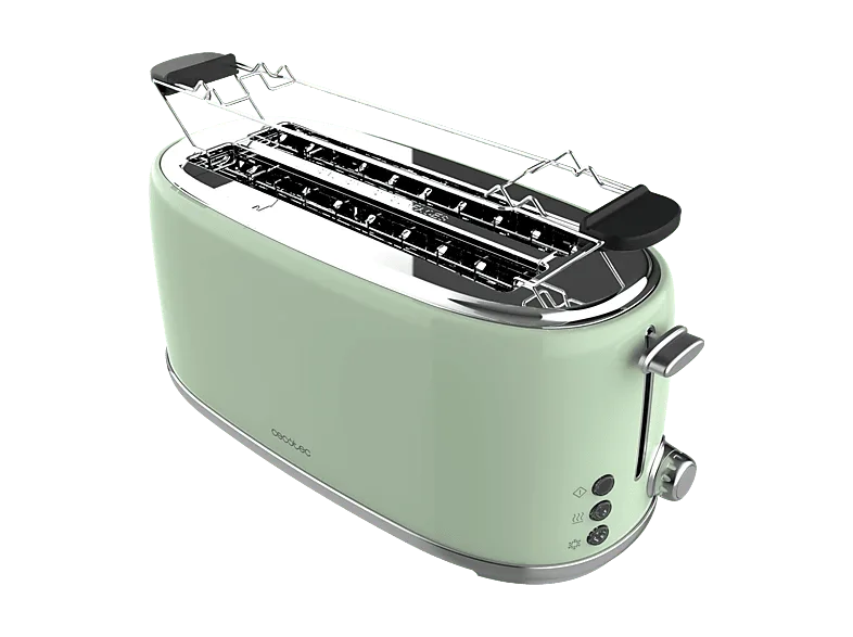 Tostadora - Cecotec Toast&Taste 1600 Retro Double Green, Para 4 tostadas, Ranura ancha, 1630 W, Calienta panecillos, Diseño retro, Verde