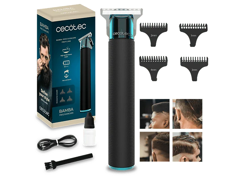 Cortapelos - Cecotec PrecisionCare Profiling, Motor brushless silencioso, 90 min autonomia, 4 peines guía, Negro