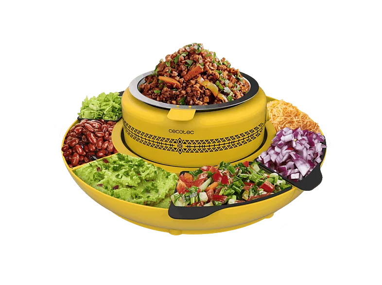 Máquina para calentar tacos - Cecotec Fun Taco Andale, 40 W, Recipiente calentador, 4 compartimentos, Con moldes de silicona, Amarillo