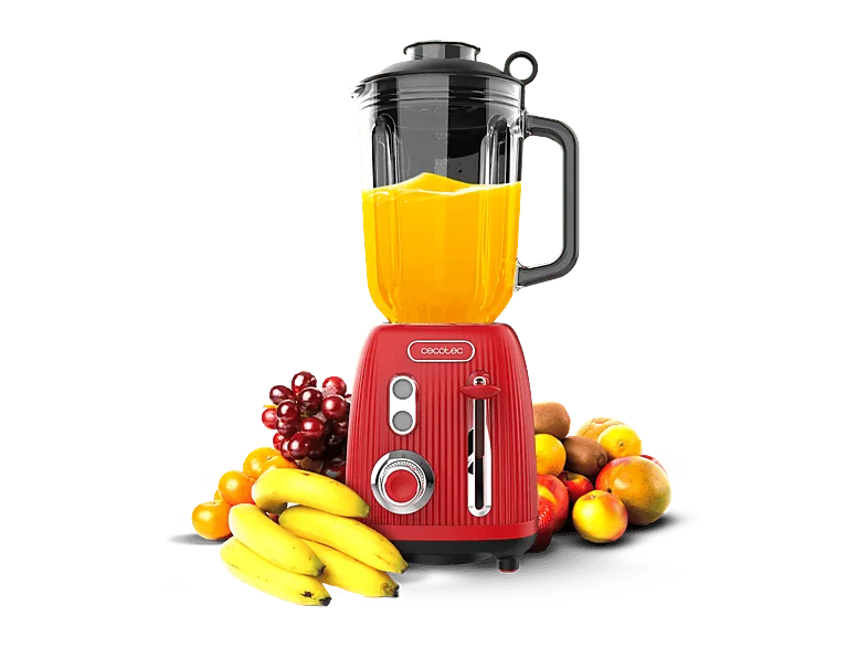 Batidora de vaso - Cecotec Power Black Titanium RetroRed, 1200 W, Jarra cristal 1,5 L, 4 cuchillas titanio negro, Motor Copper, Diseño retro, Rojo