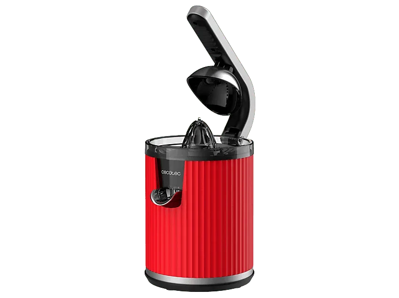 Exprimidor - Cecotec de brazo Xqueeze RetroJuice 600 Red, 2 Conos, Filtro acero inox, Rojo