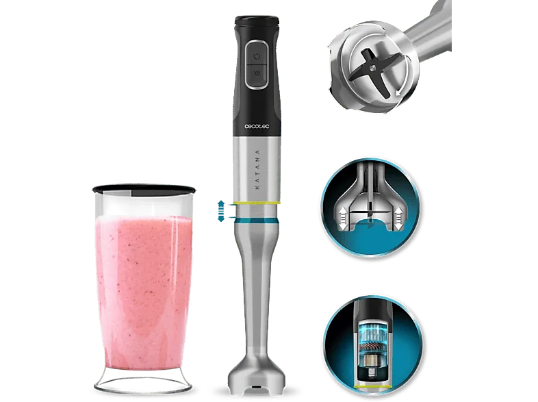 Batidora de mano - Cecotec Katana 15 Jar G, 1500 W, 21 velocidades, Turbo, Vaso 800ml, Brazo XL, Grey