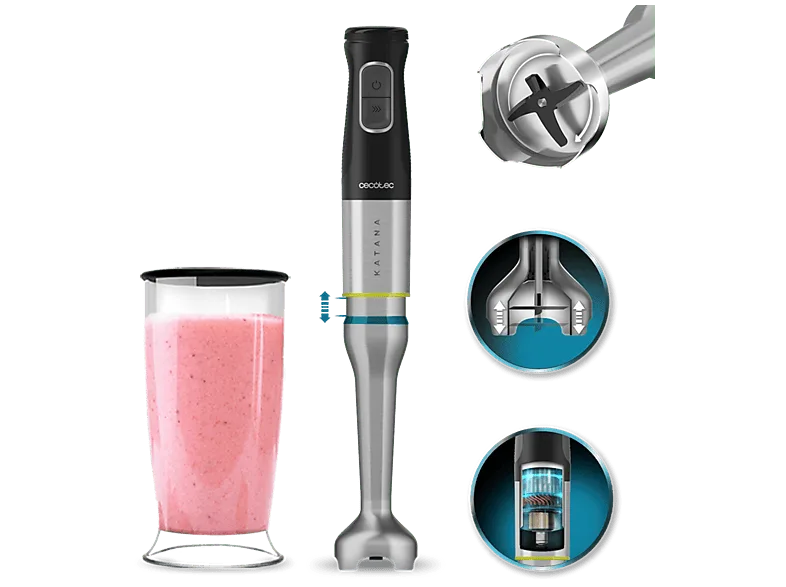 Batidora de mano - Cecotec Katana 15 Jar D , 1500 W, 21 velocidades, Turbo, Vaso 800ml, Brazo XL, Negro