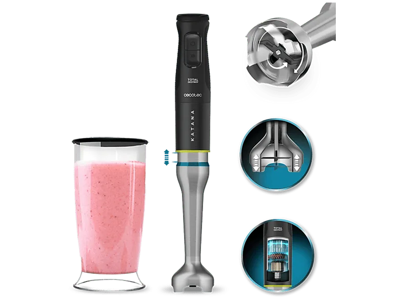 Batidora de mano - Cecotec Katana 15 TotalDestroy Jar B, Tecnología PerreoMove, 4 cuchillas titanio, Antisalpicaduras, Vaso, Gris