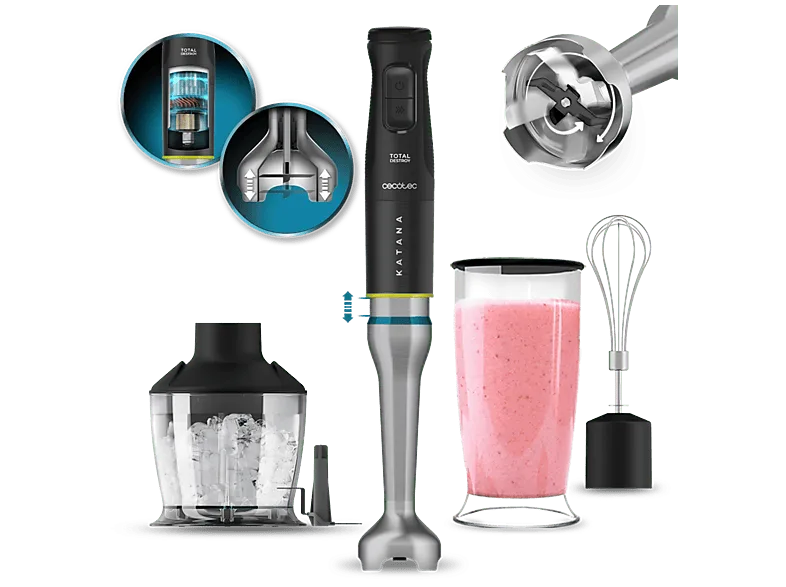 Batidora de mano - Cecotec Katana 15 TotalDestroy Chop B, 1500 W, 21 velocidades, Cuchillas titanio negro, Vaso 800 ml con tapa, Chopper, Negro