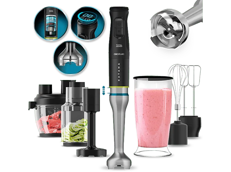Batidora de mano - Cecotec Katana 15 TotalDestroy Full B Screen, 1500 W, 8 cuchillas, 21 velocidades, Turbo, Set completo, Brazo XL, Pantalla, Black
