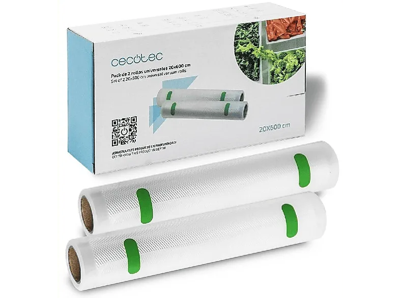Rollo para envasadora - Cecotec, Pack de 2 rollos 20cm x 6m, Universales, Libres BPA