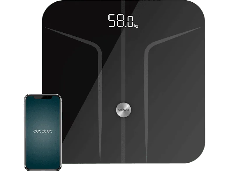 Báscula inteligente - Cecotec Surface Precision 9750 Smart Healthy, Hasta 180 kg, Apagado y encendido automático, Vidrio templado, App, Negro