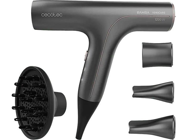 Secador - Cecotec Bamba IoniCare 6000 RockStar Soft Pro, Con Difusor,1200 W, Ionizador, 5 niveles, Gris