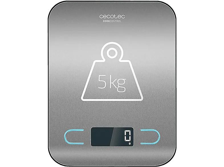 Balanza de cocina - Cecotec CookControl, Alta precisión, Peso máximo 5 kg, Antihuellas, Pantalla LCD, Acero inoxidable, Plateado