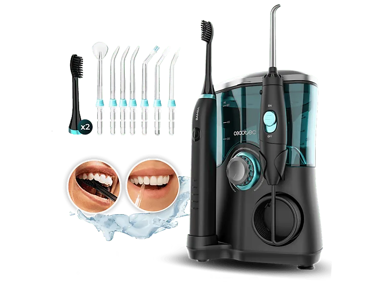 Centro de higiene dental - Cecotec ToothCare Jet Clean, Tecnología sónica, 600ml capacidad, 10 niveles presión, 7 cabezales, Cepillo eléctrico, Negro