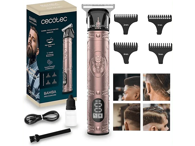 Cortapelos - Cecotec Bamba PrecisionCare Warrior, 120 min Autonomía, Motor potente y silencios, Pantalla LCD, Rosa Gold