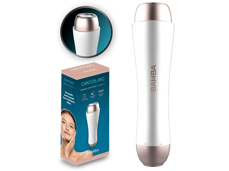 Depiladora facial - Cecotec FaceCare Smooth, Cuchilla de acero inoxidable, Se adapta a la piel, Impermeable IPX5, Con tapa protectora, Blanco