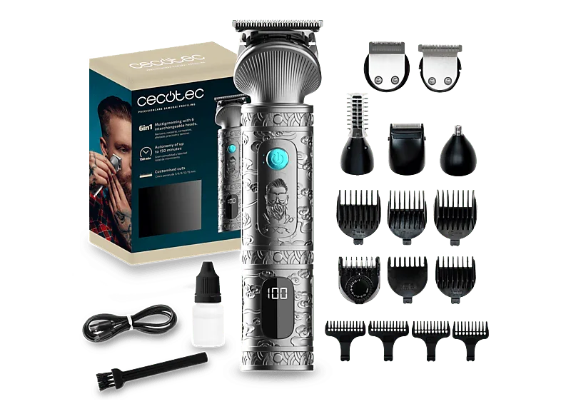 Cortapelos - Cecotec PrecisionCare Samurai Profiling, Multigrooming, 6 cabezales, 10 peines para diferentes zonas, Autonomía 150 min, Negro