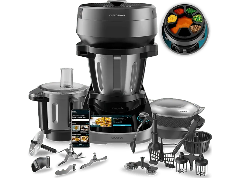 Robot de cocina - Cecotec Mambo CooKing Total Gourmet, 2200W, 4.5 l, 45 Funciones, 1000 recetas, Dispensador, Panel táctil, Autolimpieza, Wi-Fi, Inox