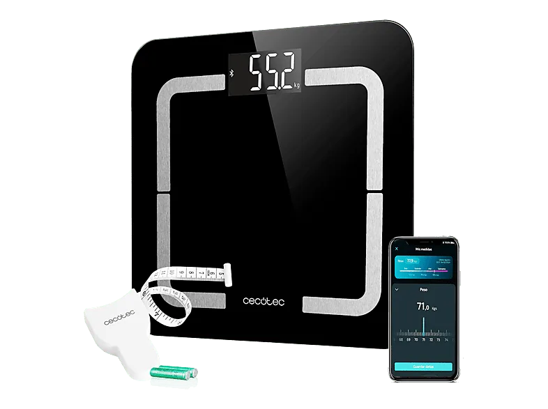 Báscula de baño - Cecotec Surface Precision Smart Healthy, Cristal Templado, Bluetooth, Medición Impedancia Bioeléctrica (BIA), Negro
