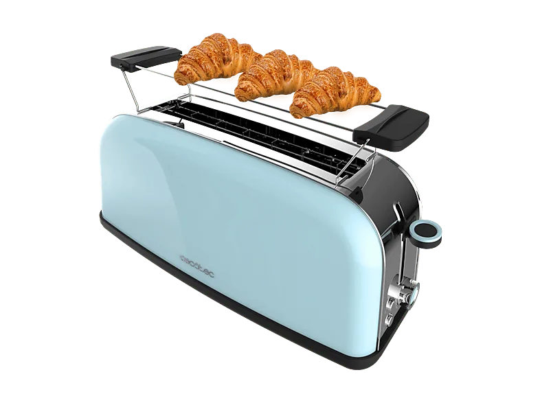 Tostadora - Cecotec Toastin' time 1100 Blue Long, 850 W, 2 rebanadas, 7 niveles, Calienta panecillos, Diseño retro, Azul