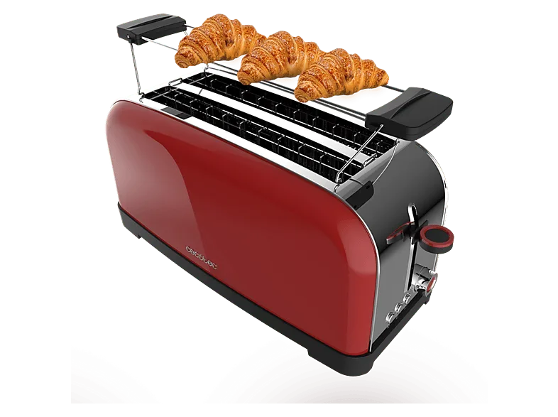 Tostadora - Cecotec Toastin’ time 1500 Red, W, Doble ranura larga, 4 tostadas, Soporte panecillos, Acero inoxidable, Rojo