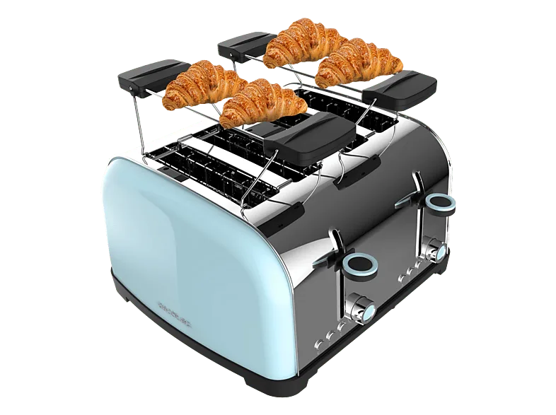 Tostadora - Cecotec Toastin' time 1500 Double Blue, 4 Tostadas, 1700 W, Calienta panecillos, Diseño retro, Azul