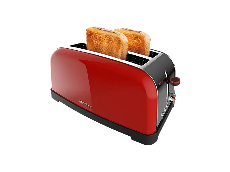 Tostadora - Cecotec Toastin’ time 1500 Red Lite, W, Doble ranura larga, 4 tostadas, Ranura ancha 3,8 cm, 7 niveles, Acero inoxidable, Rojo